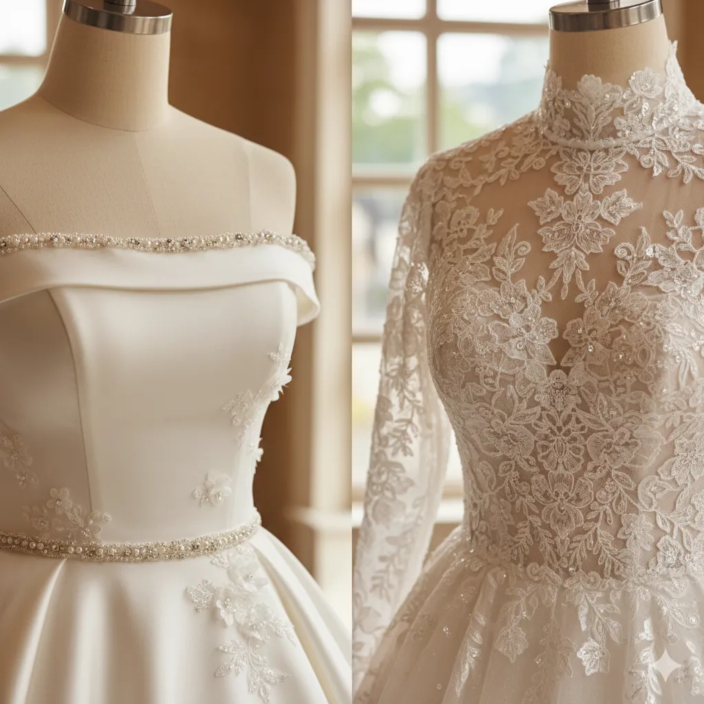 váy cưới cổ thuyền và cổ cao