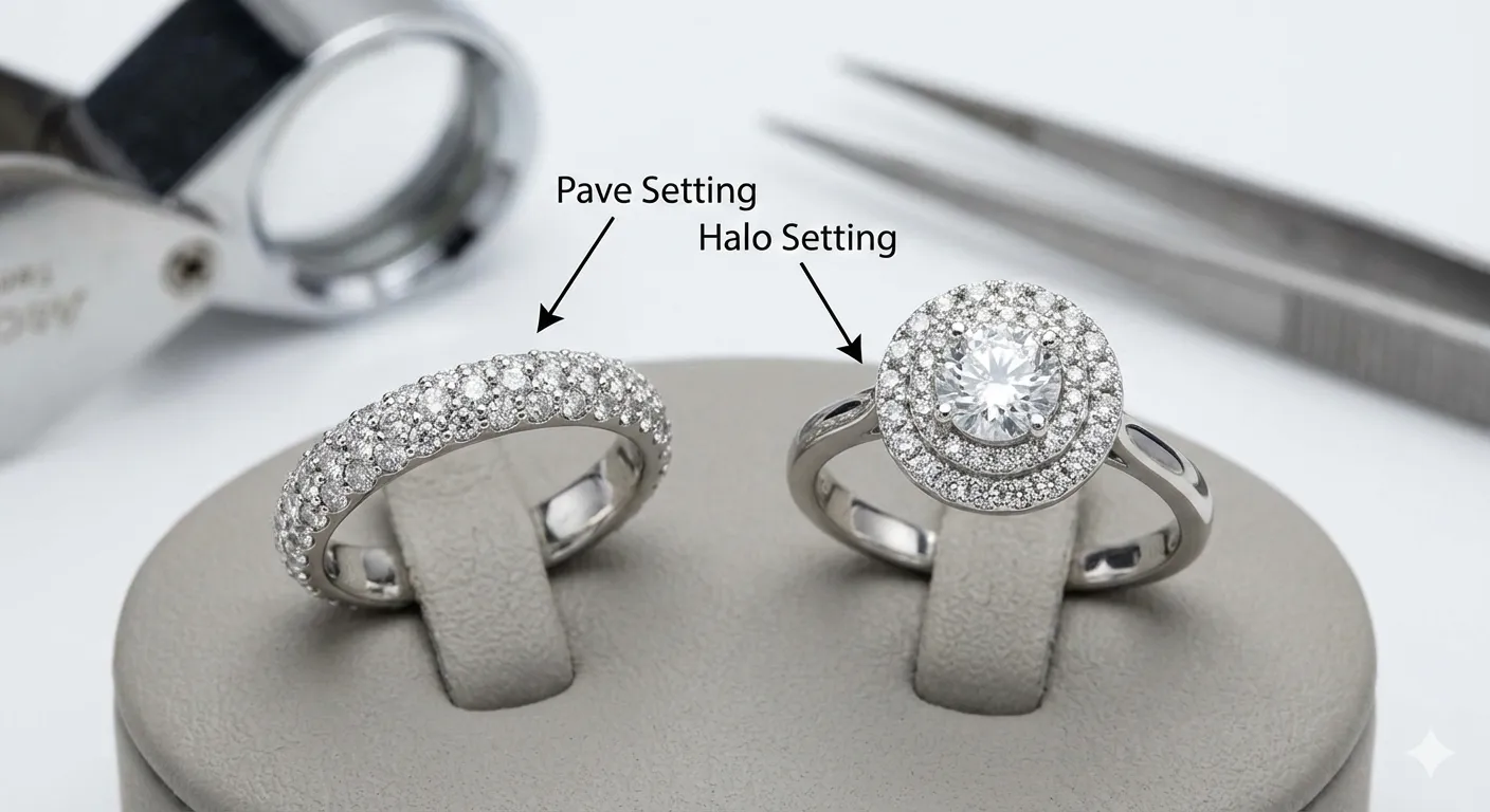 nhẫn cưới kim cương sử dụng kỹ thuật đ&iacute;nh đ&aacute; pave v&agrave; halo