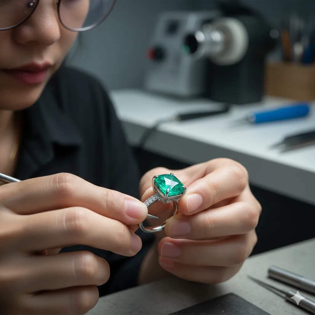 kỹ thuật chế tác nhẫn cưới đính đá emeral