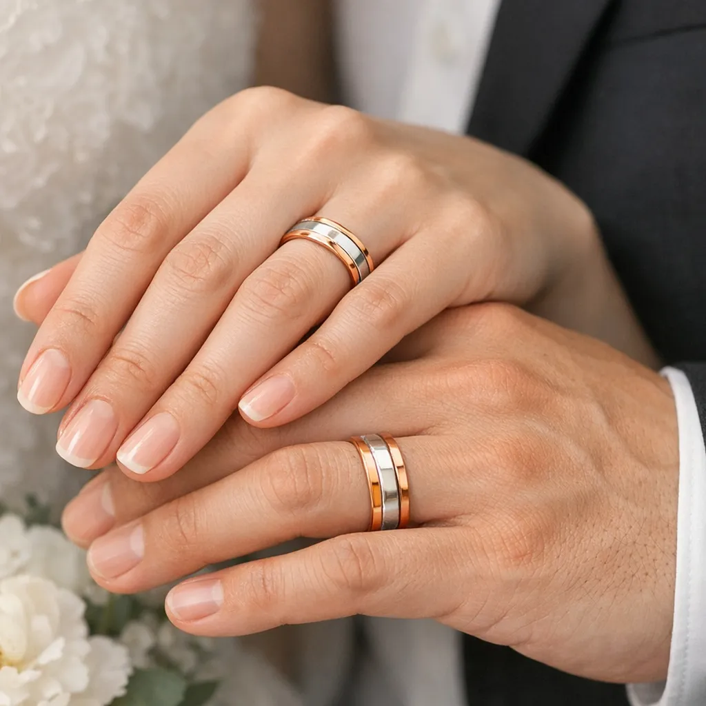 cặp đ&ocirc;i đeo nhẫn cưới v&agrave;ng gh&eacute;p đẹp