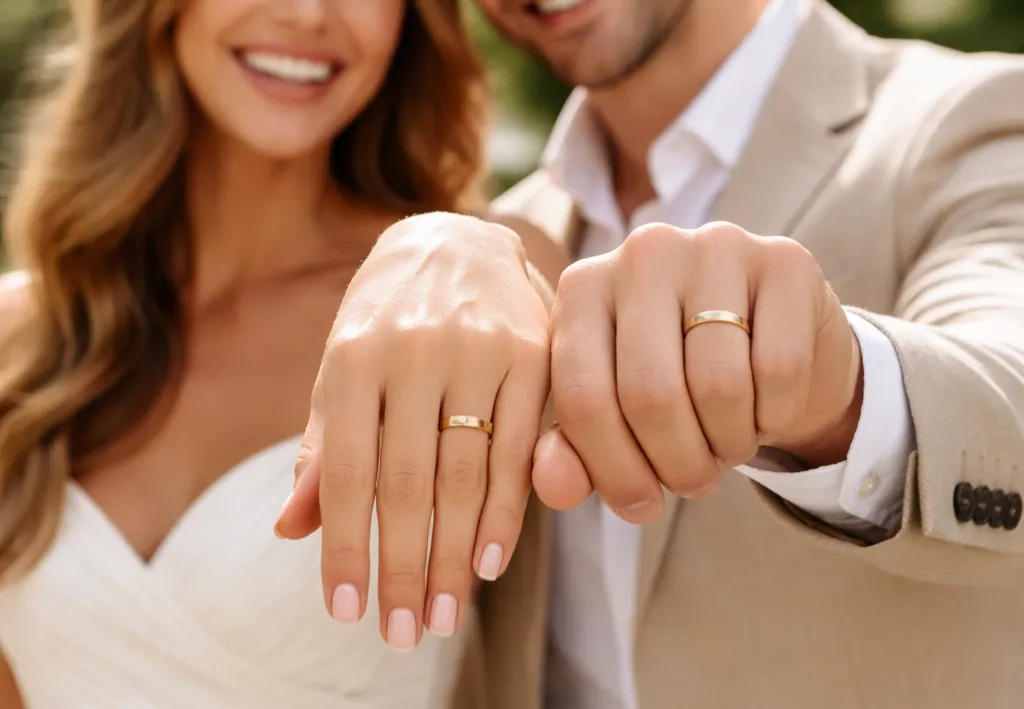 trang phục cưới đẹp với nhẫn cưới v&agrave;ng v&agrave;ng