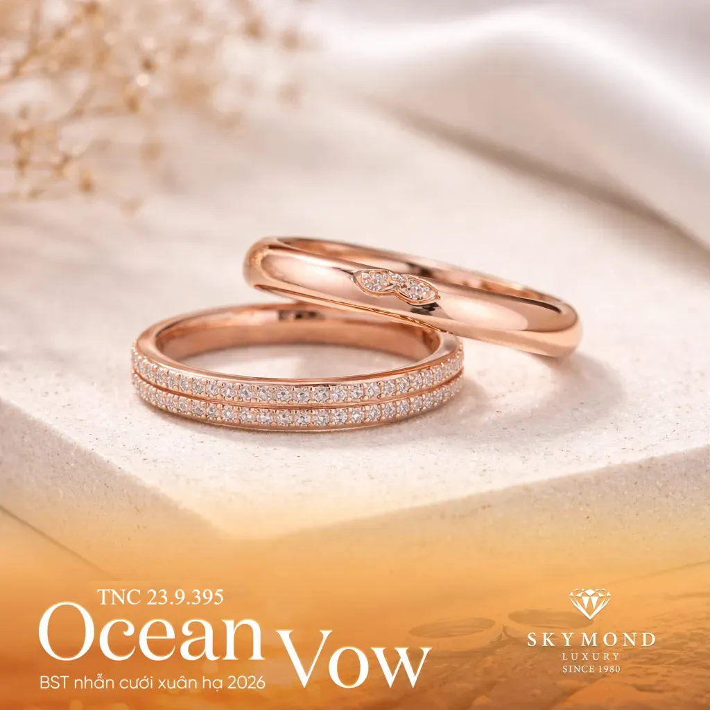 nhẫn cưới vàng hồng đính đá tấm 