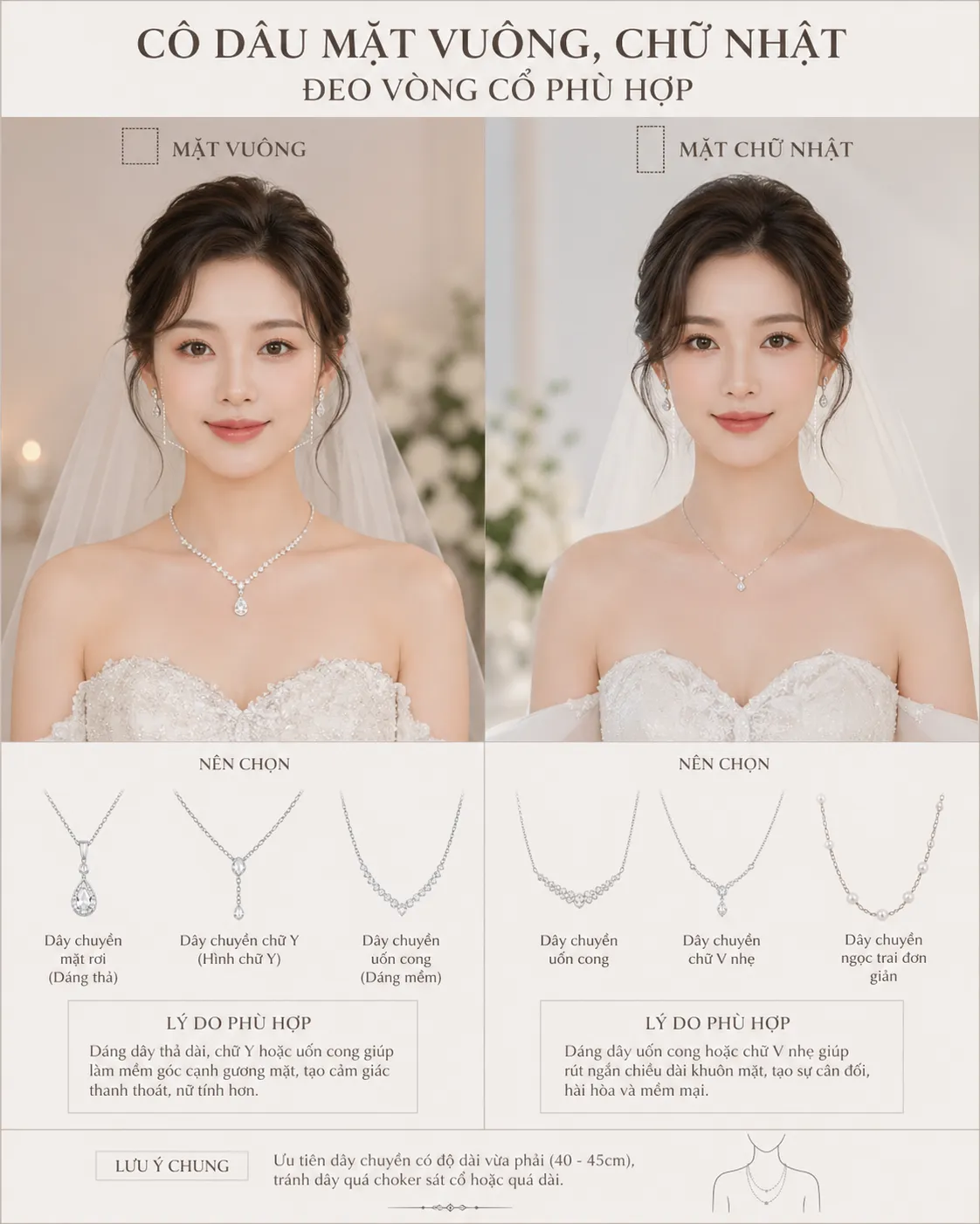 vòng cổ phù hợp với cô dâu mặt vuông và chữ nhật