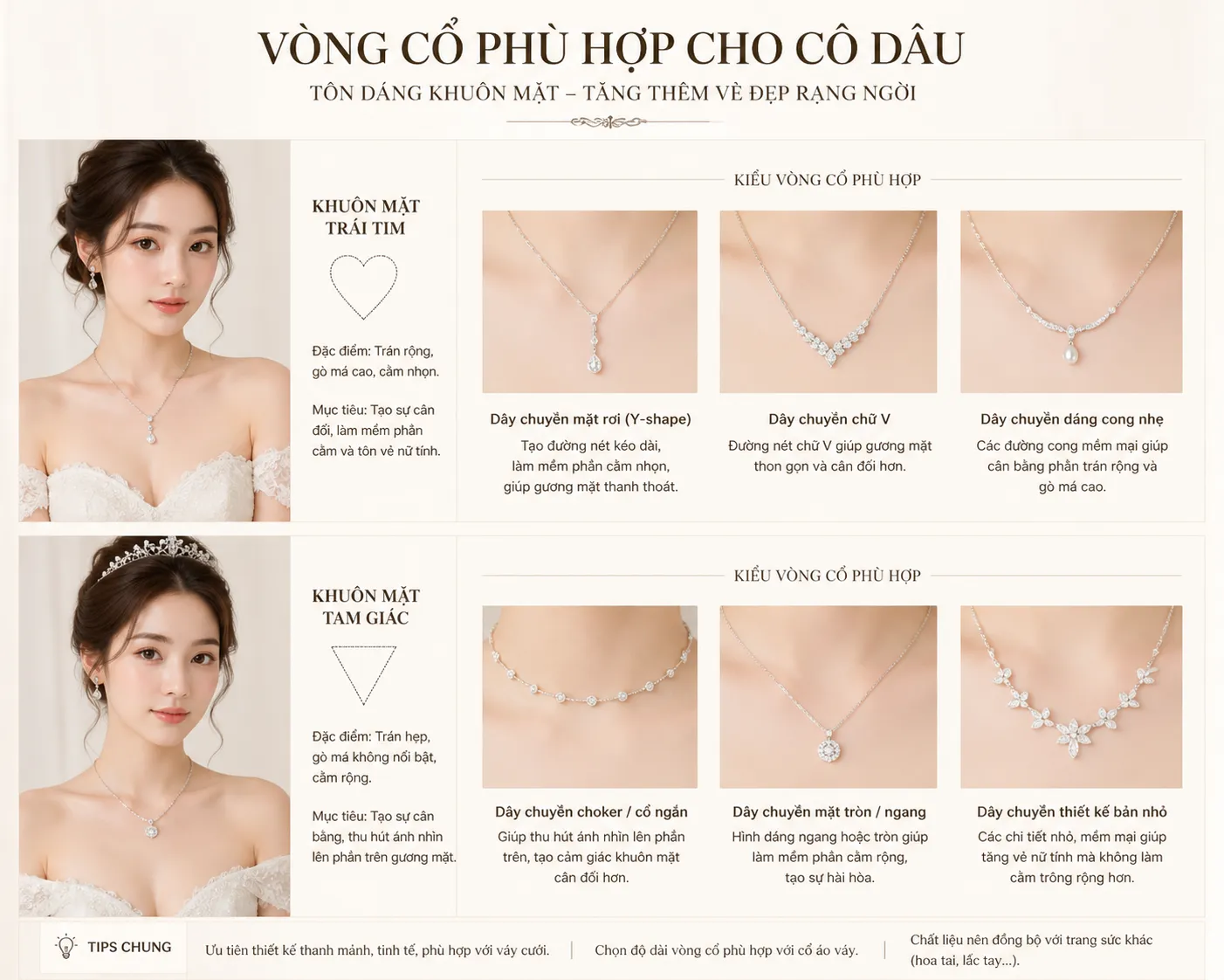 vòng cổ phù hợp với cô dâu mặt trái tìm và mặt tam giác