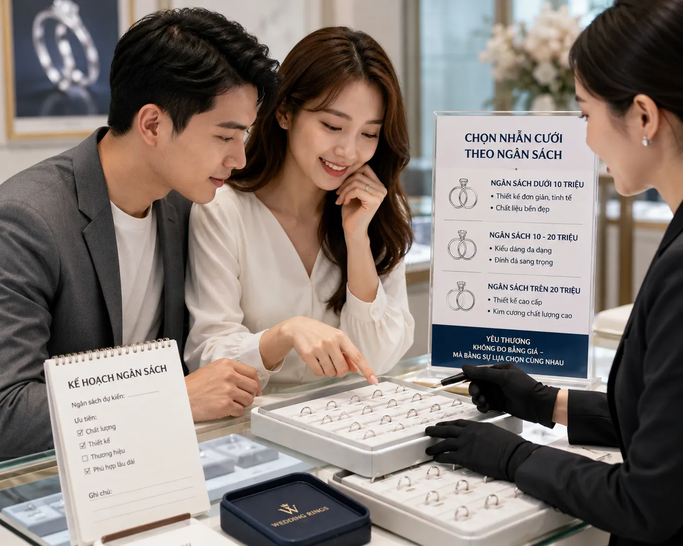 cặp đôi cân đối ngân sách mua nhẫn cưới