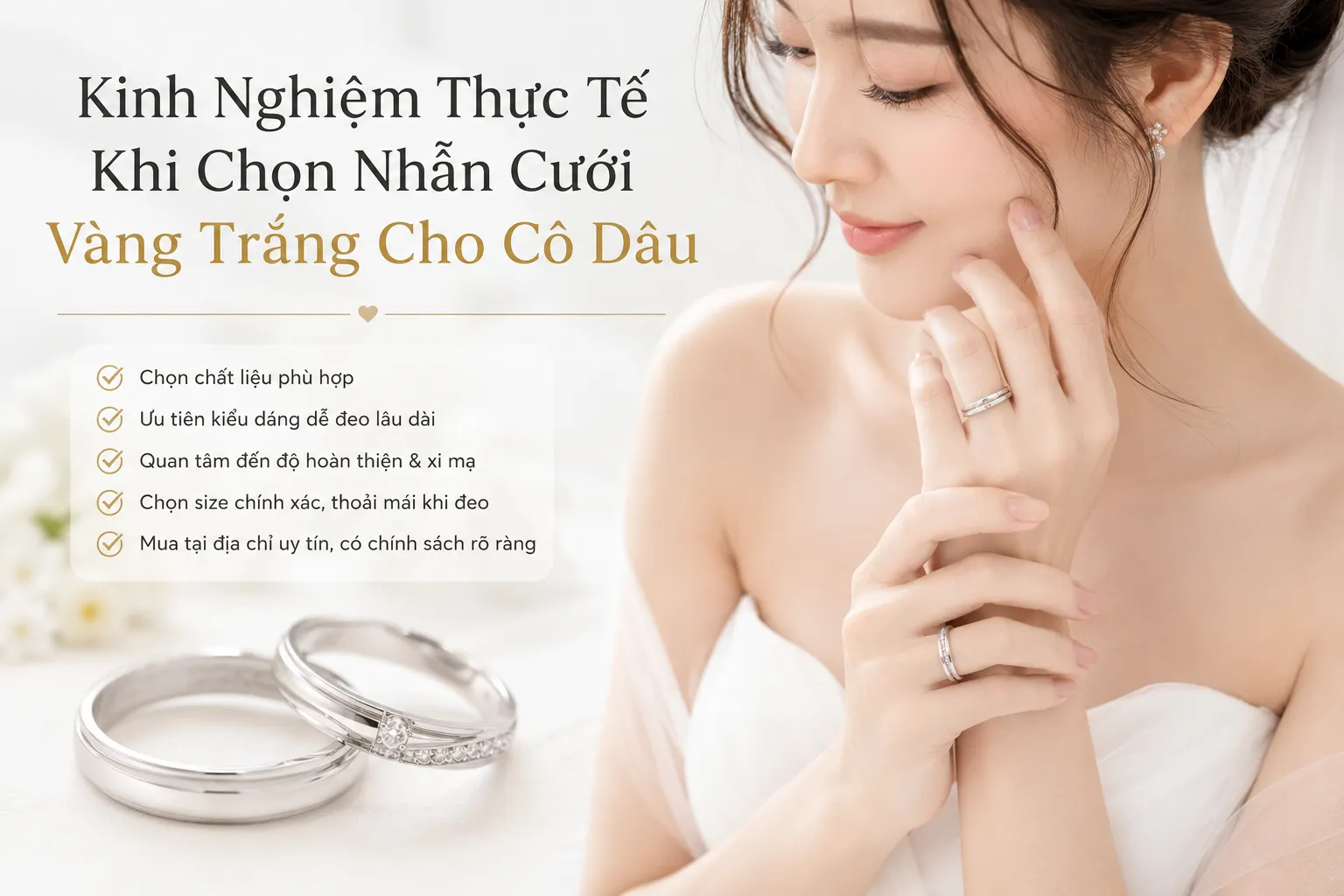 kinh nghiệm chọn nhẫn cưới vàng trắng cho cô dâu