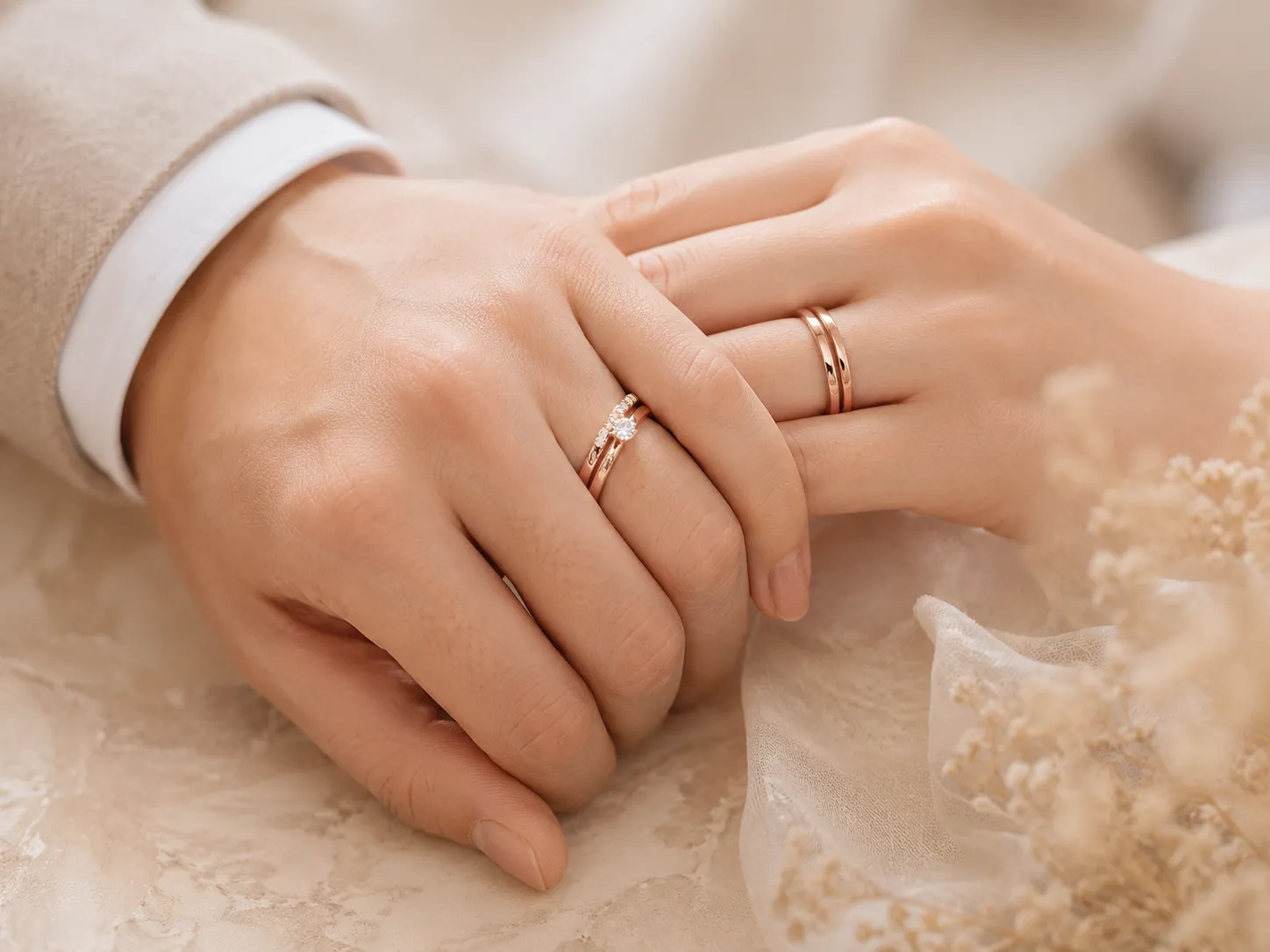 cặp đôi đeo nhẫn cưới vàng hồng